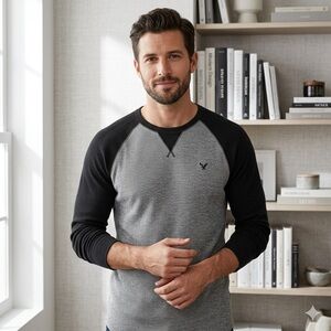 AE American Eagle Mens Heritage Thermal Raglen Long Sleeve Gray/Black Size S